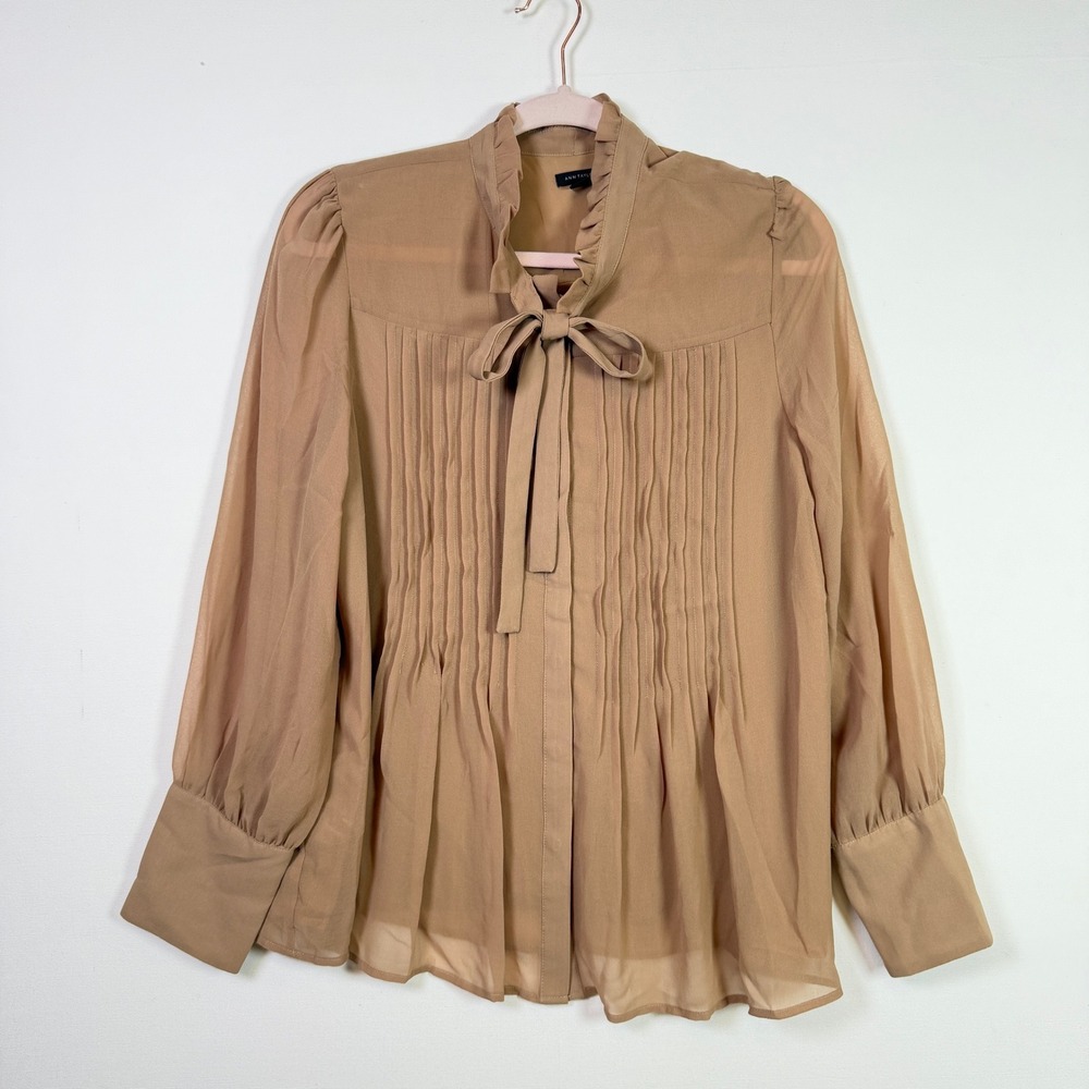 ANN TAYLOR Tan Pleated‎ Tie Neck Ruffle Long Sleeve Blouse Large